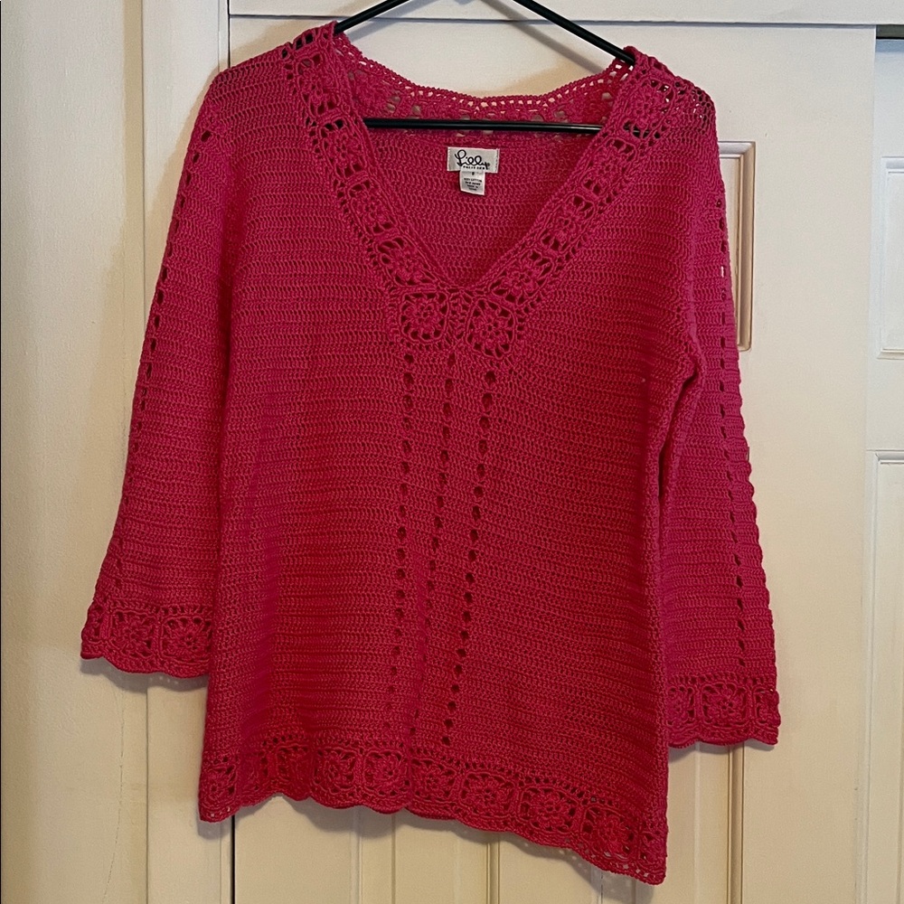 Vintage Lily Pulitzer Love Stitch Fuchsia V-Neck Crochet Sweater